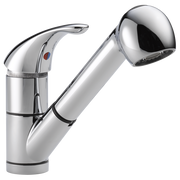 Chrome pull-out kitchen faucet with curved spout, single handle, and retractable spray head.