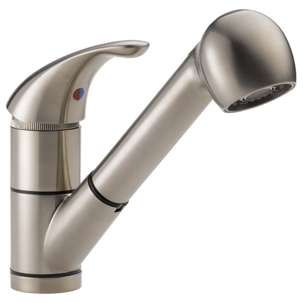Brushed nickel kitchen faucet with single handle and pull-out sprayer head.