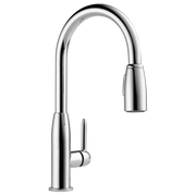 Chrome kitchen faucet with curved pull-down spout and single handle lever control.