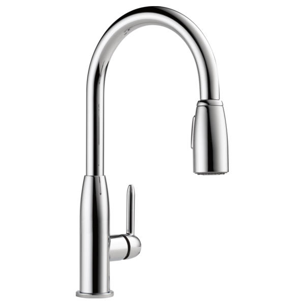 Chrome kitchen faucet with curved pull-down spout and single handle lever control.