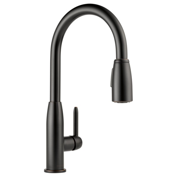 Black single-handle kitchen faucet with curved spout and pull-down spray head.