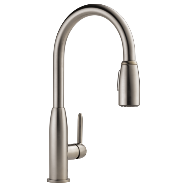 Stainless steel kitchen faucet with high arched spout, single handle lever, and pull-down spray head.