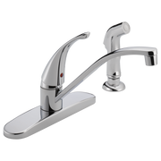Chrome kitchen faucet with single curved handle, side spray attachment, and wide base deck plate.