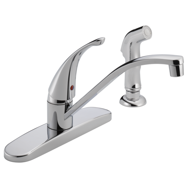 Chrome kitchen faucet with single curved handle, side spray attachment, and wide base deck plate.