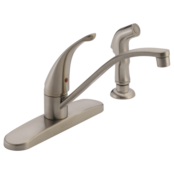 Brushed nickel single-handle kitchen faucet with curved spout and separate side spray attachment on base.