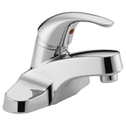 Chrome single-handle bathroom faucet with curved spout and ceramic disc valve mechanism.