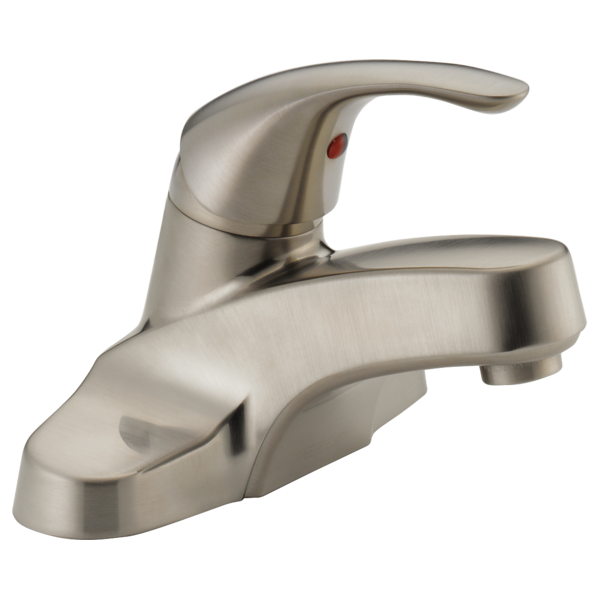 Brushed nickel single-handle bathroom faucet with curved spout and red temperature indicator dot.