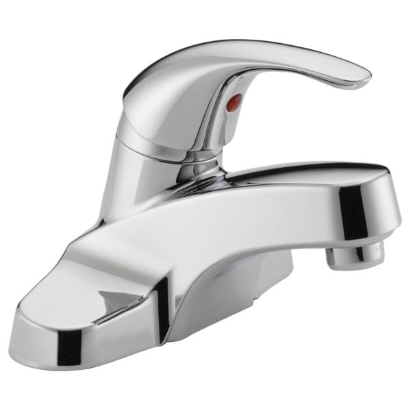 Chrome single-handle bathroom faucet with curved spout and metal pop-up drain assembly.