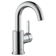 Chrome single-handle bathroom faucet with curved spout and cylindrical base.