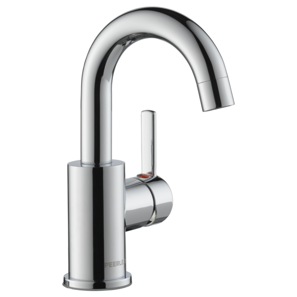 Chrome single-handle bathroom faucet with curved spout and cylindrical base.