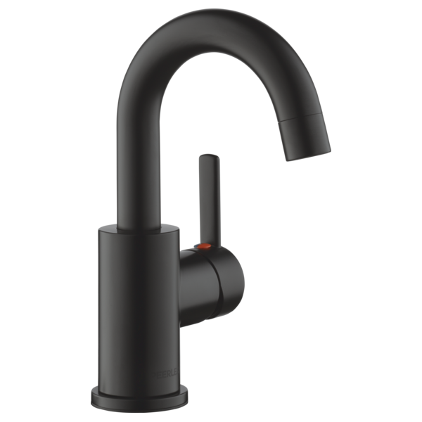 Matte black single handle bathroom faucet with curved spout and cylindrical base.