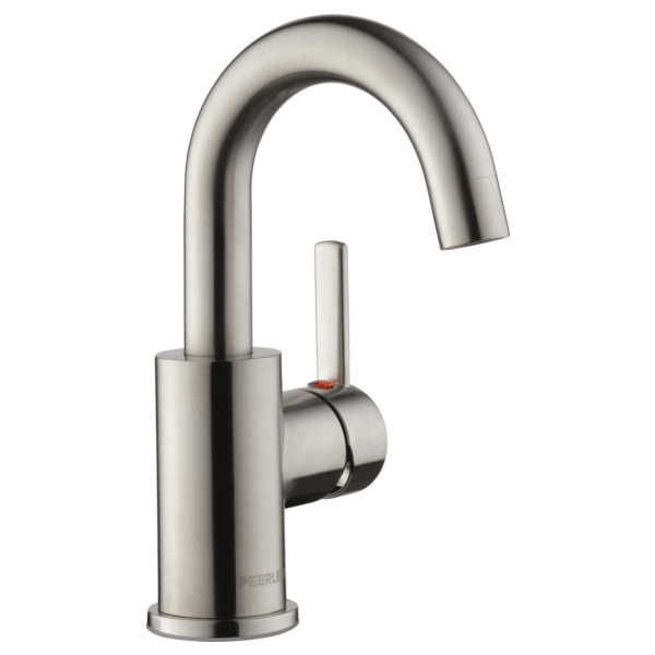 Brushed nickel single-handle bathroom faucet with curved spout and cylindrical base.