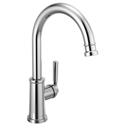 Chrome single-handle kitchen faucet with curved gooseneck spout and pull-down sprayer head.