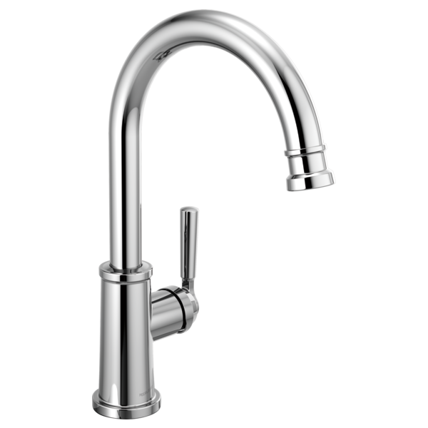 Chrome single-handle kitchen faucet with curved gooseneck spout and pull-down sprayer head.