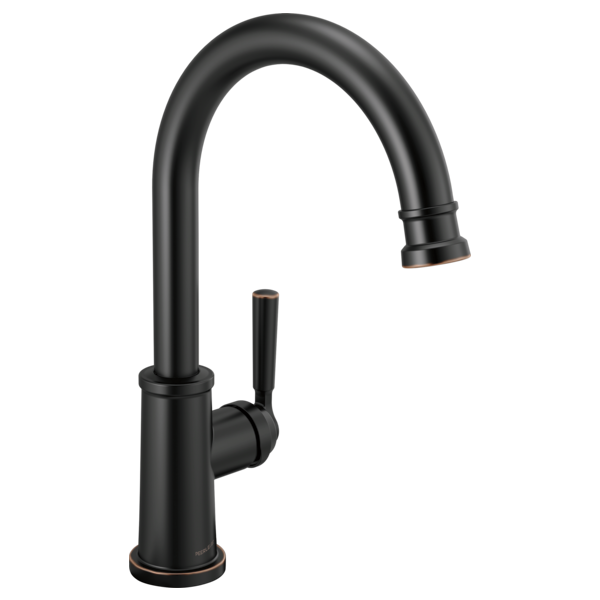 Black single-handle kitchen faucet with curved spout and pull-down spray head.