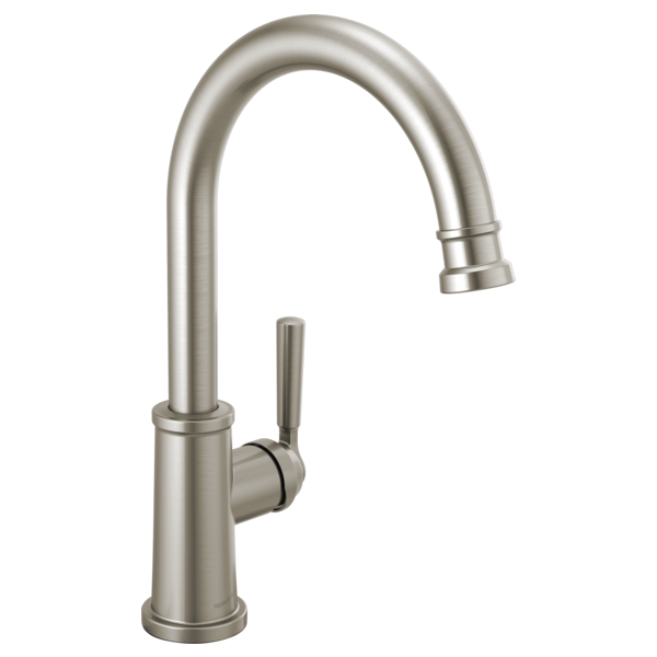 Brushed nickel single-handle kitchen faucet with high curved spout and pull-down spray head.