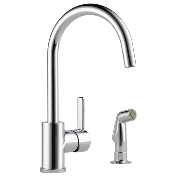 Chrome kitchen faucet with curved spout, single handle lever, and separate spray attachment.