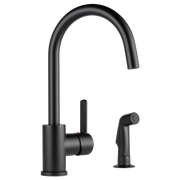 Black single-handle kitchen faucet with high arched spout and detached spray wand.