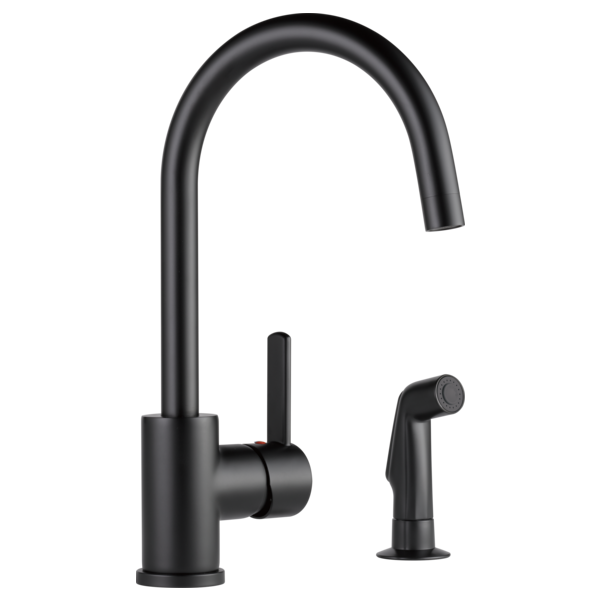Black single-handle kitchen faucet with high arched spout and detached spray wand.