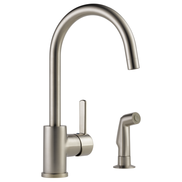Brushed nickel single-handle kitchen faucet with curved spout and detachable spray wand.