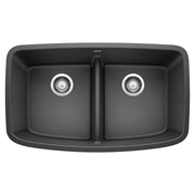 Anthracite double undermount kitchen sink with two equal basins and low-divide center partition.