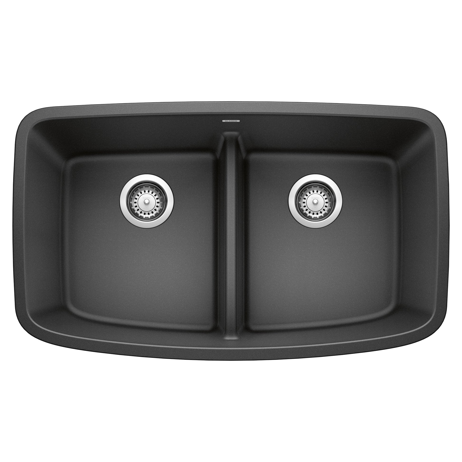 Anthracite double undermount kitchen sink with two equal basins and low-divide center partition.