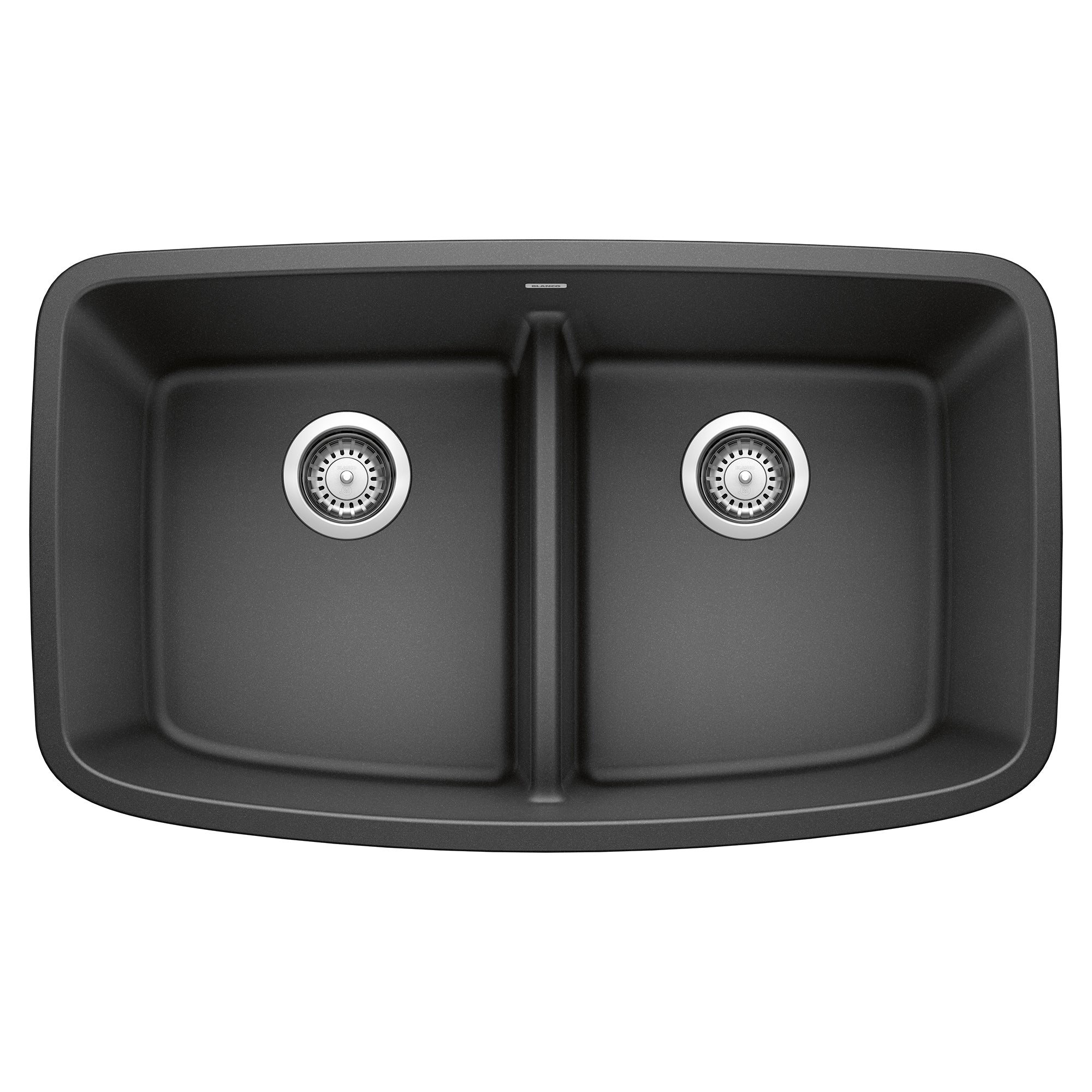 Anthracite double undermount kitchen sink with two equal basins and low-divide center partition.