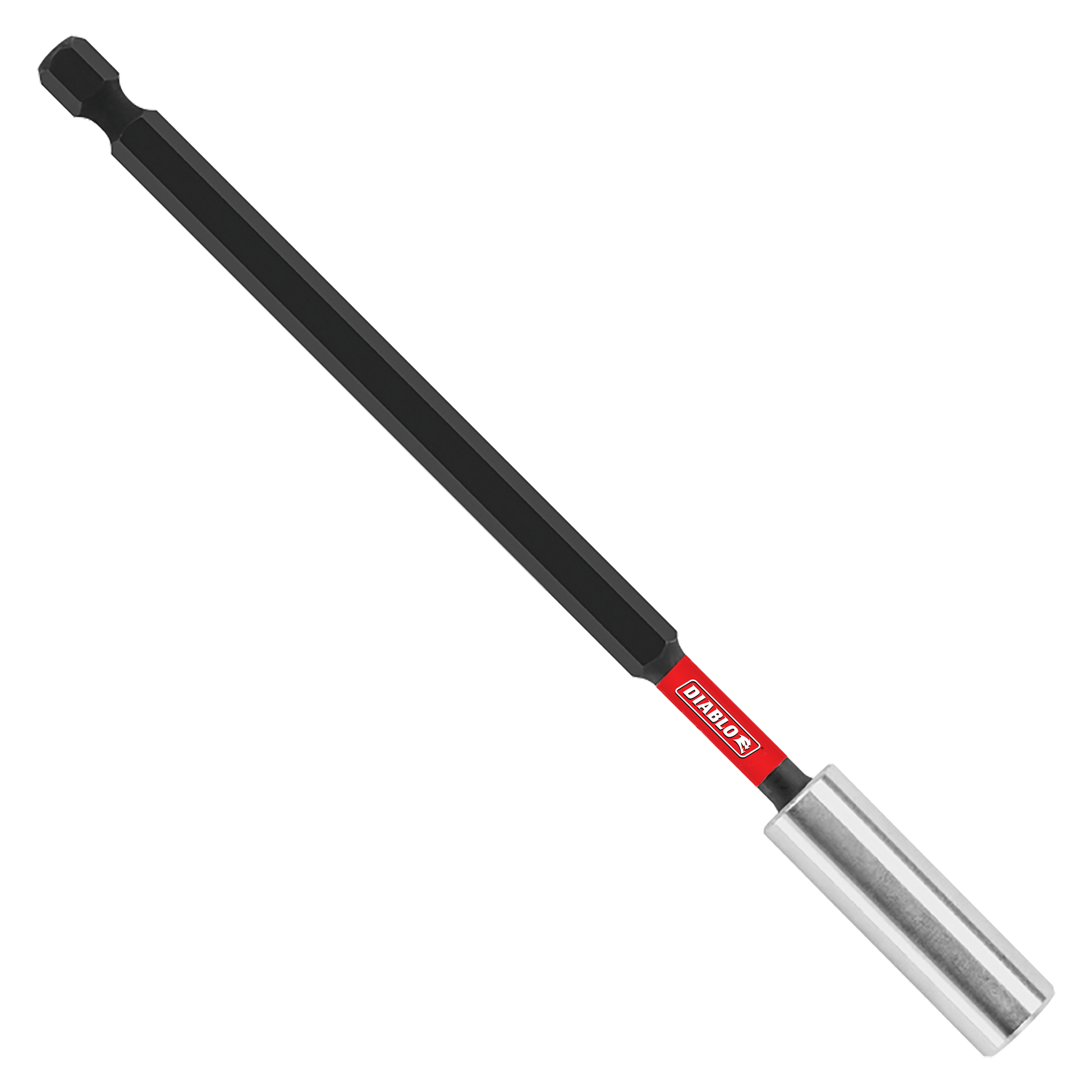 Black and red magnetic bit holder with silver metal tip and hex drive end.