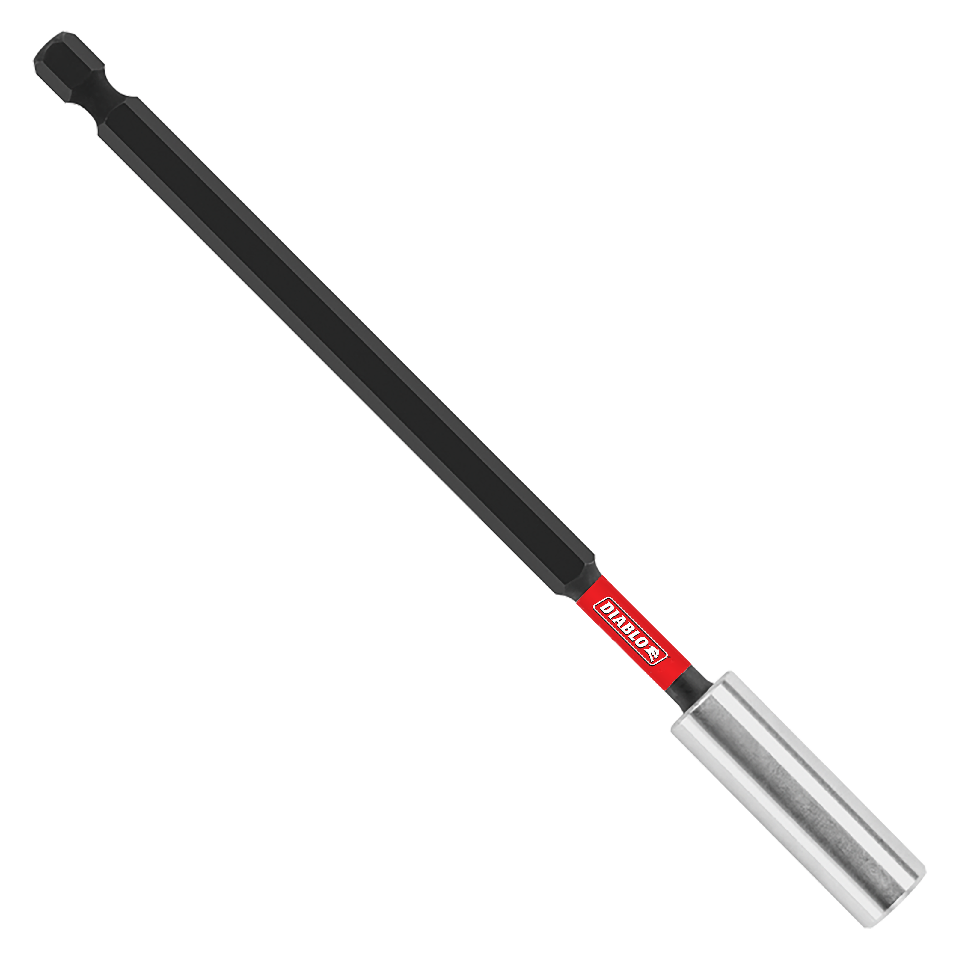 Black magnetic drive bit holder with red band and metal tip, 6 inches long.