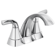 Chrome two-handle centerset bathroom faucet with curved spout and tapered handles on white background.