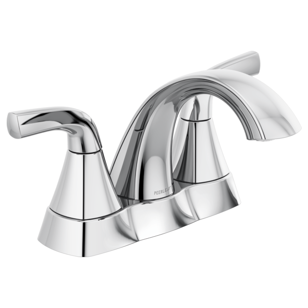 Chrome two-handle centerset bathroom faucet with curved spout and tapered handles on white background.