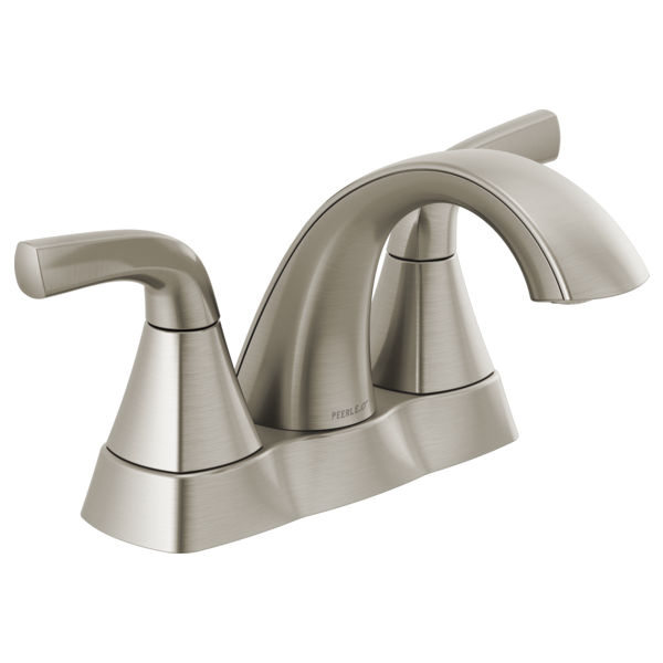 Brushed nickel two-handle bathroom faucet with curved spout and cone-shaped handles on rectangular base.