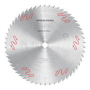 Circular saw blade with carbide-tipped teeth, central arbor hole, and red patent system markings on silver steel surface.