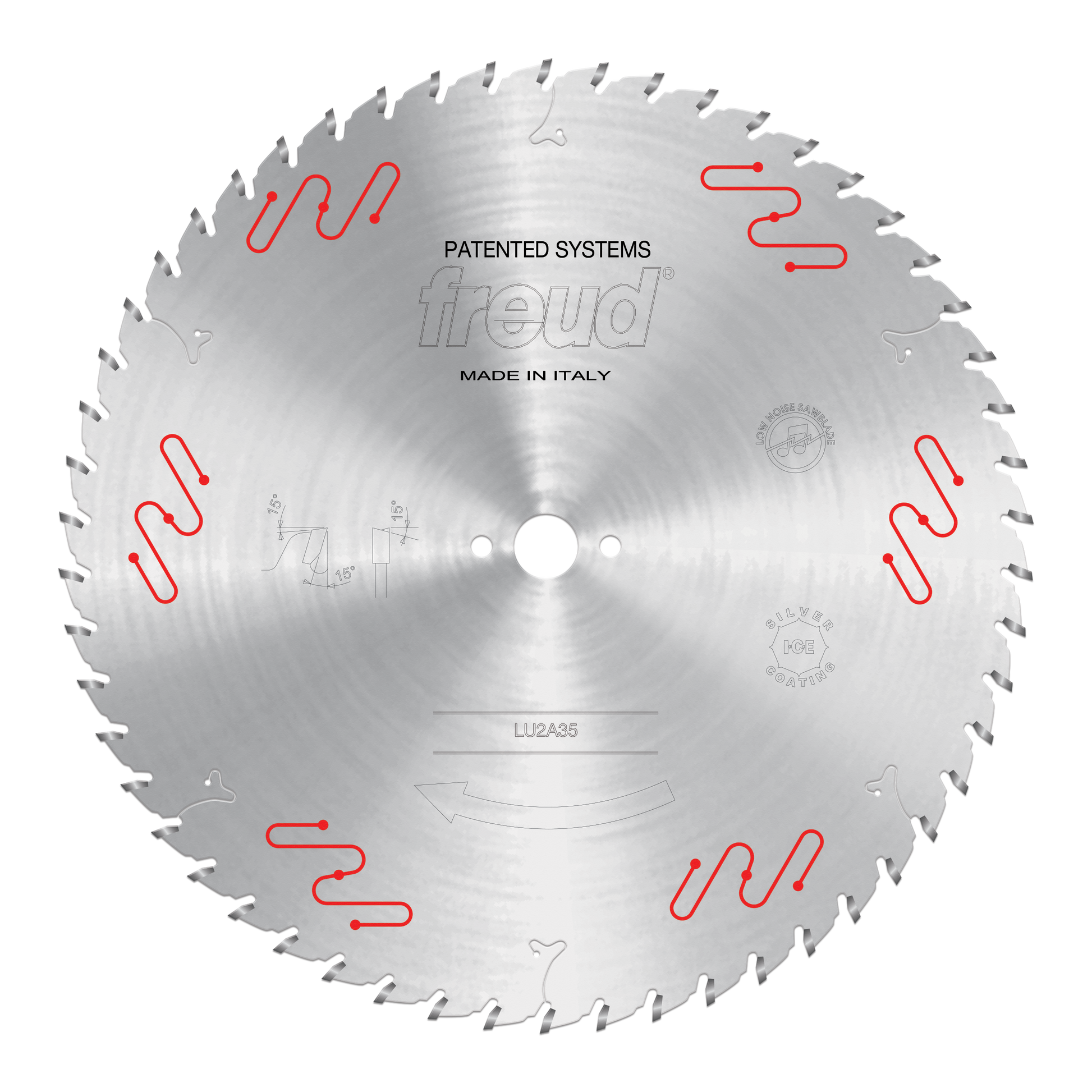 Circular saw blade with carbide-tipped teeth, central arbor hole, and red patent system markings on silver steel surface.