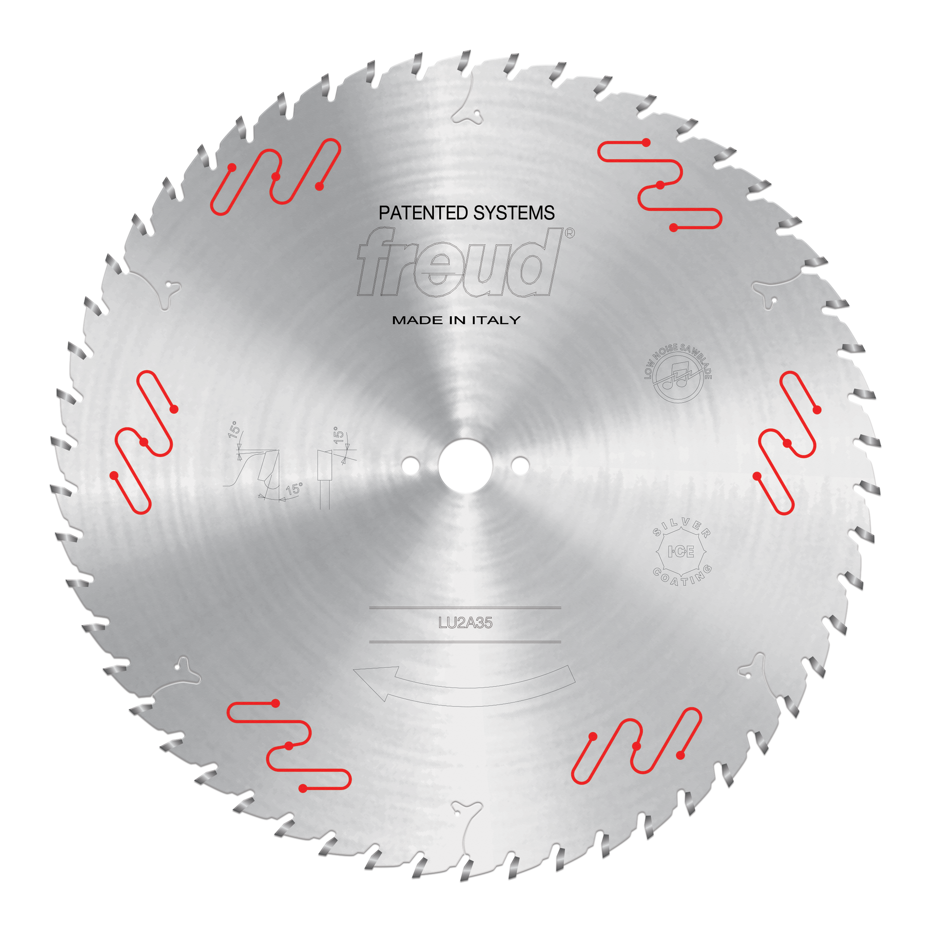 Circular saw blade with carbide-tipped teeth, central arbor hole, and red patent system markings on silver steel surface.