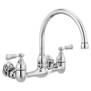 Chrome wall-mount kitchen faucet with two lever handles and a high arched spout.