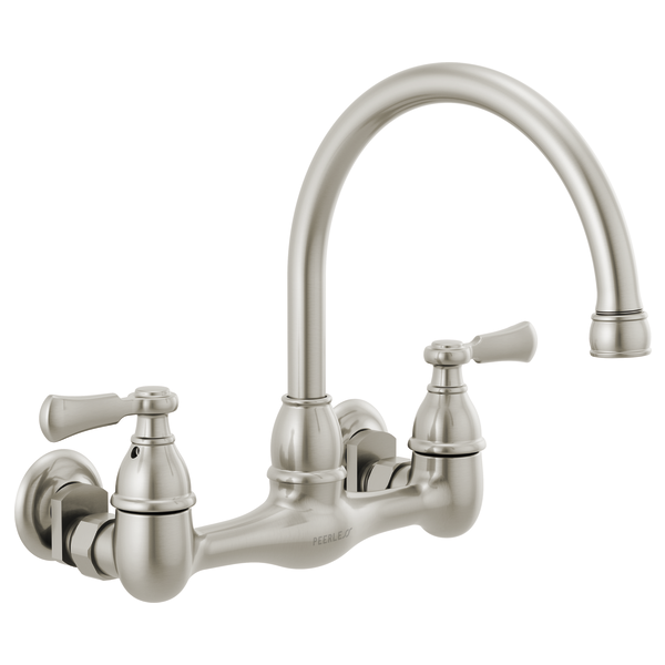 Brushed nickel two-handle wall-mount kitchen faucet with high arching spout and lever handles.