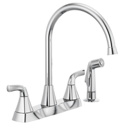 Chrome two-handle kitchen faucet with curved spout and detachable spray head on white background.