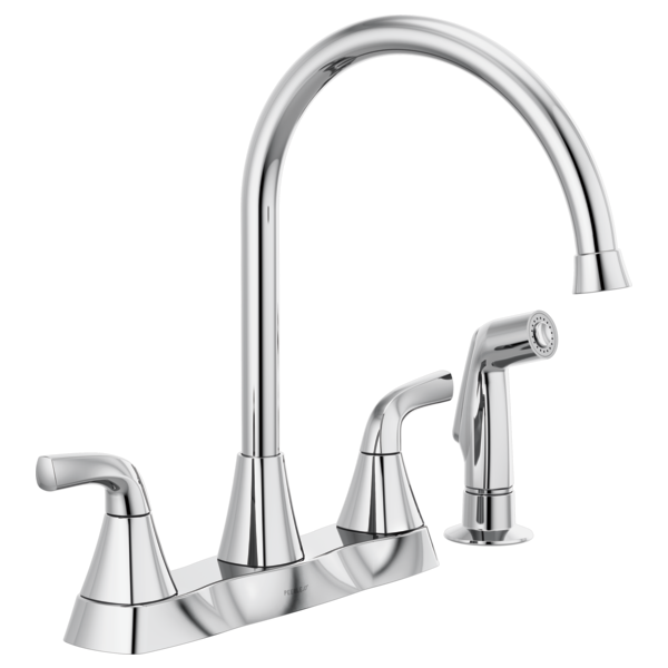 Chrome two-handle kitchen faucet with curved spout and detachable spray head on white background.