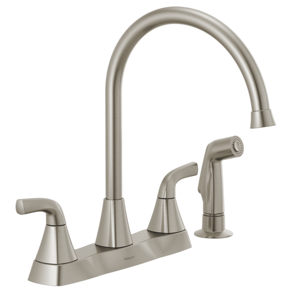 Brushed nickel two-handle kitchen faucet with high arched spout and pull-out spray head.