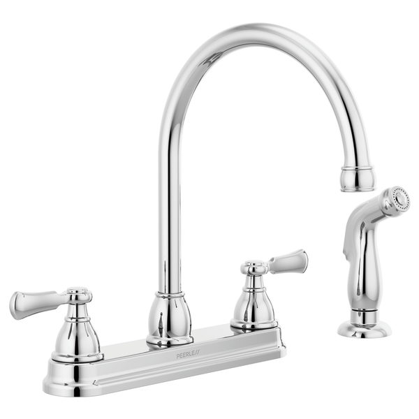 Chrome two-handle kitchen faucet with curved spout, spray attachment, and lever handles on white background.