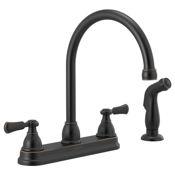Black two-handle kitchen faucet with high arched spout and separate side spray on deck plate.