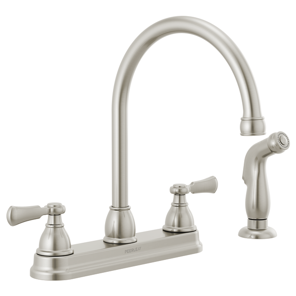 Brushed nickel two-handle kitchen faucet with high arc spout and detachable spray wand.