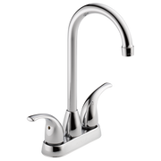 Chrome two-handle bar faucet with tall curved spout and white base plate.