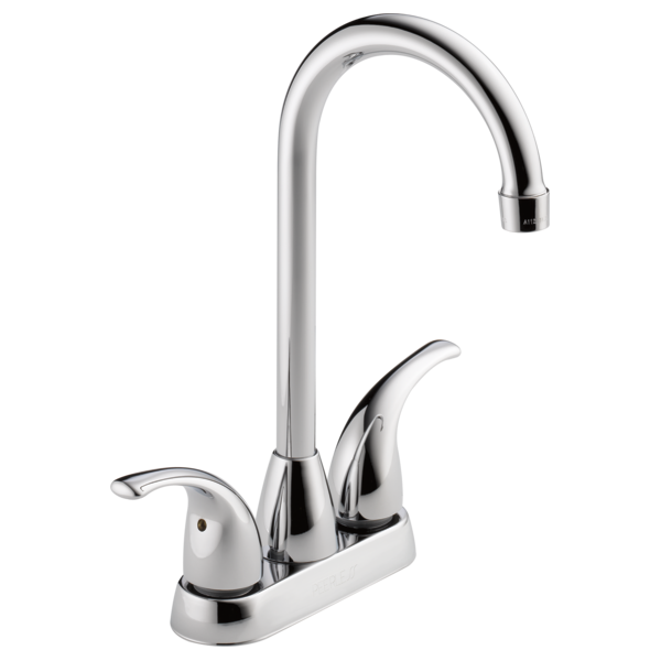 Chrome two-handle bar faucet with tall curved spout and white base plate.