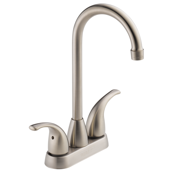 Brushed nickel two-handle bar faucet with curved gooseneck spout and lever handles.