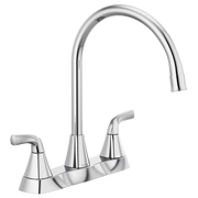 Chrome kitchen faucet with curved spout and two lever handles on a deck mount base.