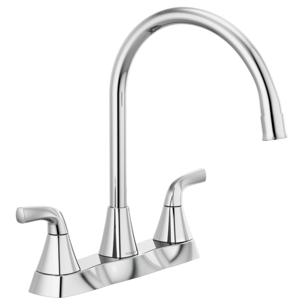 Chrome kitchen faucet with curved spout and two lever handles on a deck mount base.