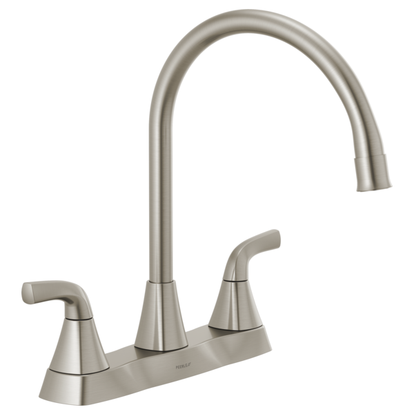 Brushed nickel two-handle kitchen faucet with curved spout and lever handles on base deck plate.