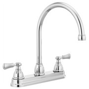 Chrome two-handle kitchen faucet with tall curved spout and lever handles on white base.